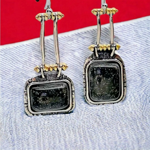 Black Gemstone Two Tone Metal, Hinged Dangle Earrings - Picture 4 of 4